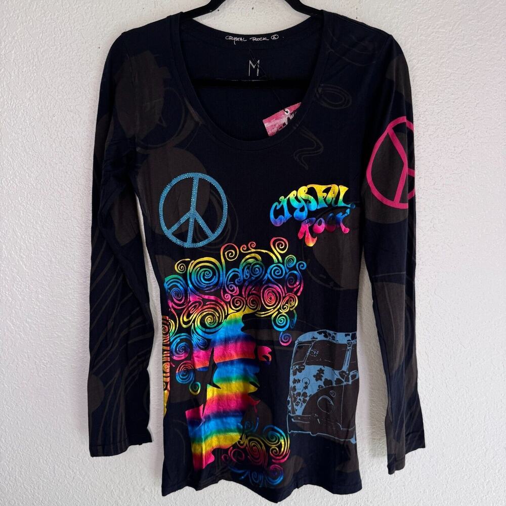 Christian Audigier Y2K Shirt Womens Medium Crystal Rock Hippie Free Spirit Top